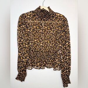 MINKPINK ‘Mira Shirred Top’ Size Large Semi- Sheer Hi-Neck Chiffon Blouse $140